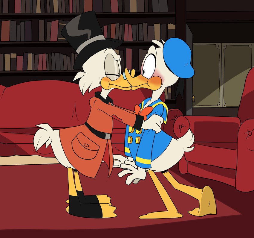 anthro avian_feet beak blush clothed clothing duo eyewear glasses hat headgear headwear hug inside kissing male male/male surprise_kiss igotdragons disney ducktales ducktales_(2017) donald_duck scrooge_mcduck anatid anseriform avian bird duck hi_res incest_(lore) nephew_(lore) uncle_(lore) uncle_and_nephew_(lore)