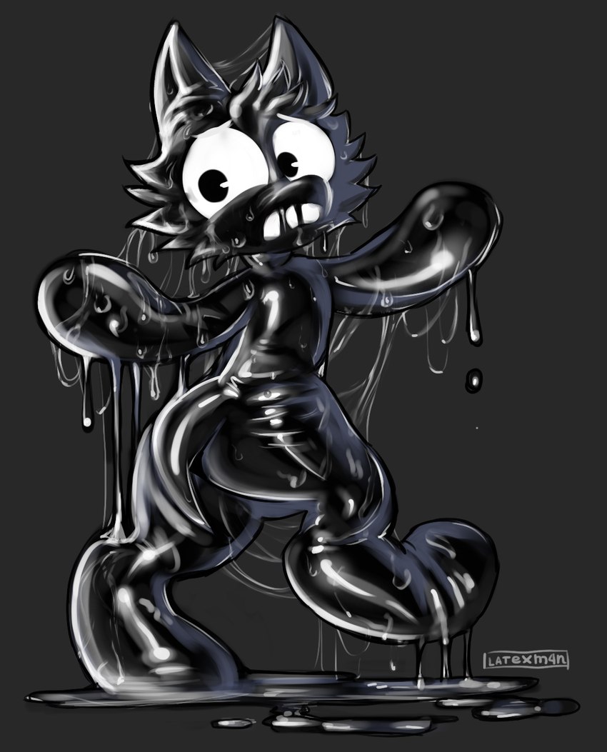 after_transformation ambiguous_gender bodily_fluids clothing digitigrade glistening glistening_body goo_transformation latex latex_clothing liquid liquid_latex messy saliva shy slime solo sticky tail transformation worried latexm4n goo_creature hi_res