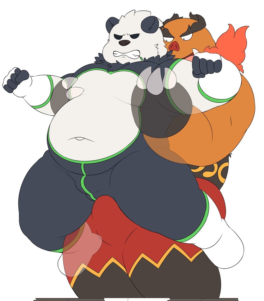 anthro belly big_belly black_body bulge clothed clothing duo kemono male male/male navel orange_body overweight overweight_male white_body gumpang0 nintendo pokemon emboar generation_5_pokemon generation_6_pokemon pangoro pokemon_(species) 2022 hi_res