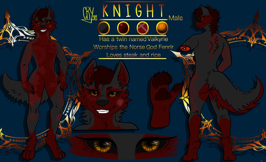 anthro black_body hair male norse red_body red_hair solo tattoo text warrior yellow_eyes cry_909 knight_(tehmayhem) canid canine canis mammal northwestern_wolf wolf absurd_res english_text hi_res model_sheet