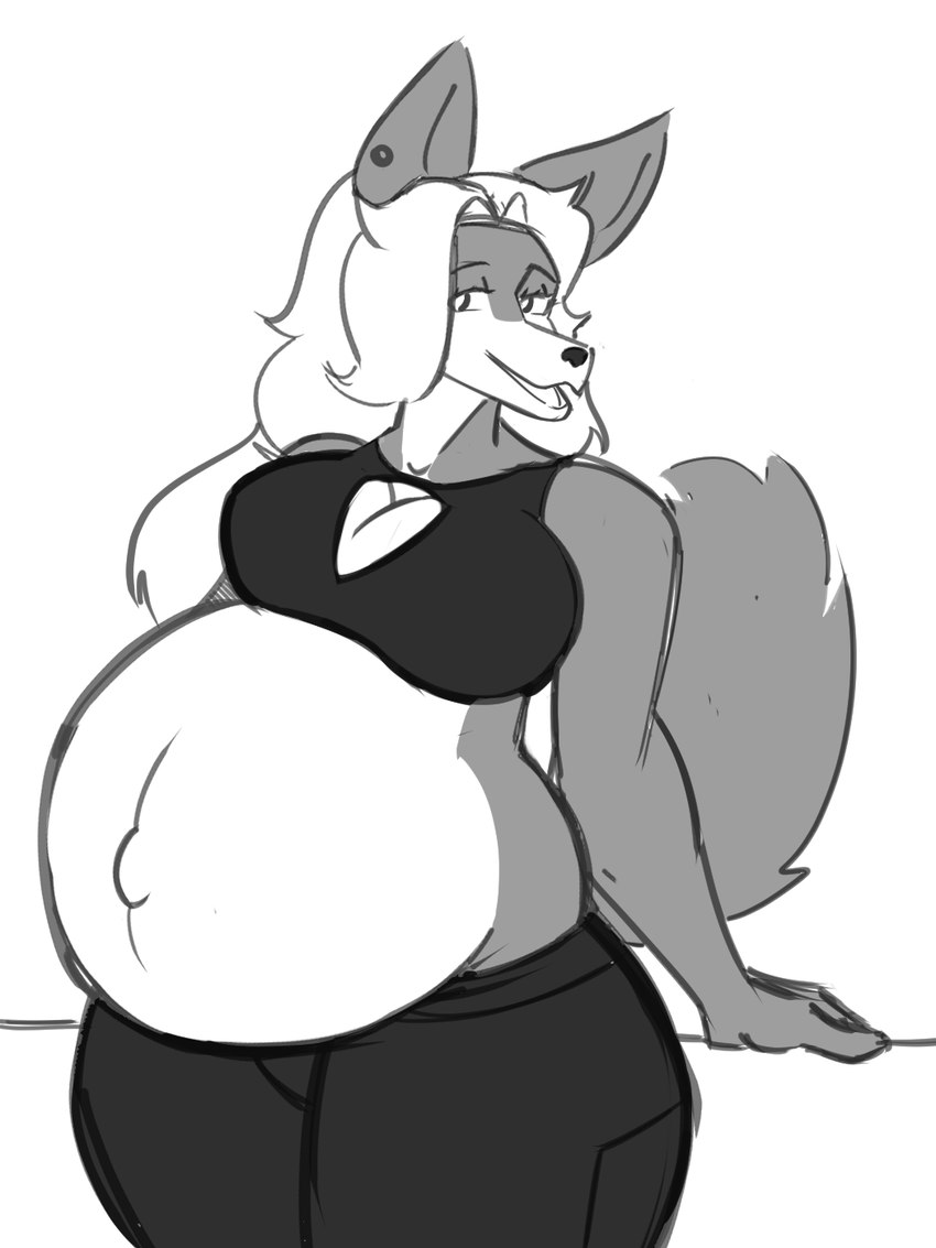 anthro belly big_belly cleavage_cutout cutout female midriff navel pregnant pregnant_female solo wide_hips graysonthescalie4005 harriet_(harry_amoros) canid canine canis mammal wolf 3:4 hi_res monochrome