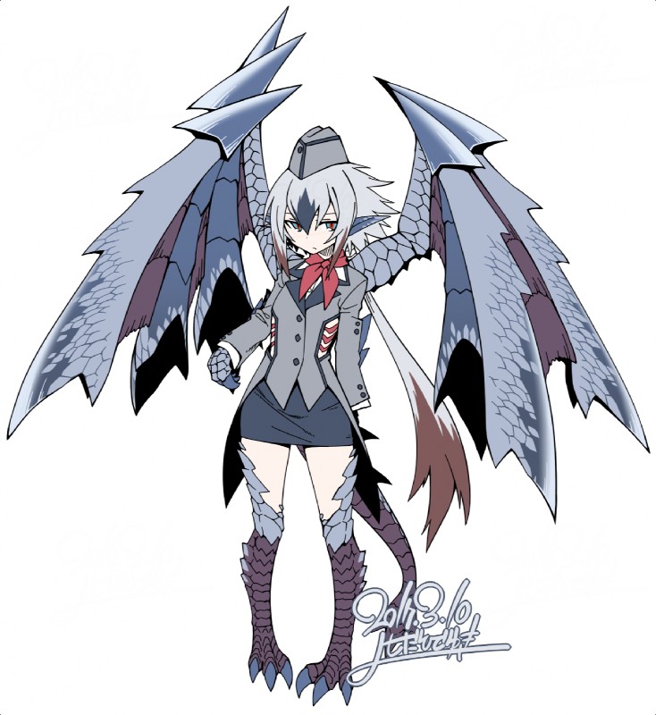 3_toes blazer blue_eyes bottomwear brown_hair clothing feet female grey_body grey_hair grey_scales hair long_hair membrane_(anatomy) membranous_wings miniskirt multicolored_eyes multicolored_hair pencil_skirt ponytail red_eyes scales skirt solo tail toes wings yoshida_hideyuki capcom monster_hunter mythology animal_humanoid dragon dragon_humanoid elder_dragon humanoid mythological_creature mythological_scalie scalie valstrax 2017 hi_res signature watermark