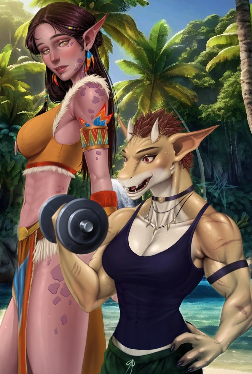 anthro brown_hair clothing dominant dominant_female duo female flexing hair horn jungle_background military muscular plant red_eyes shirt size_difference standing tank_top topwear training tree tribal water nansti velda elf humanoid kobold scalie digital_media_(artwork) hi_res