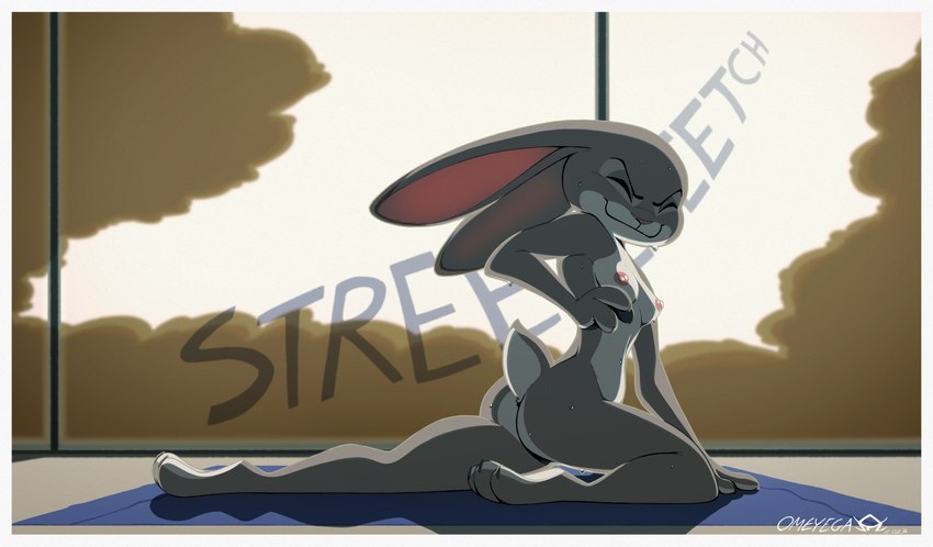 anthro bodily_fluids border breasts butt casual_nudity eyes_closed female fur grey_body grey_fur naked_yoga nipples nude nude_female solo stretching sweat white_border yoga yoga_mat omeyega disney zootopia judy_hopps lagomorph leporid mammal rabbit 2023 full-length_portrait hi_res portrait