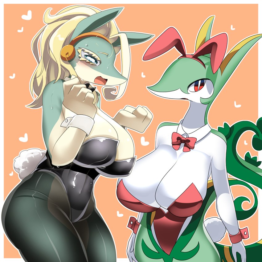 5_fingers accessory anthro anthrofied arms_bent big_breasts biped black_bow_tie black_clothing black_legwear black_leotard black_pantyhose blonde_eyebrows blonde_eyelashes blonde_hair blue_eyes blush blush_lines bodily_fluids border bow_ribbon bow_tie breasts bunny_costume cleavage cleavage_overflow clothed clothed_anthro clothed_female clothing costume curvy_figure duo embarrassed eyebrows eyelashes fake_ears fake_rabbit_ears fake_rabbit_tail fake_tail female fingers fist glistening glistening_breasts glistening_clothing glistening_eyes glistening_hair glistening_leotard green_body green_skin hair hair_accessory hairband heart_symbol huge_breasts kemono legwear leotard looking_aside looking_at_viewer markings multicolored_body multicolored_eyes multicolored_skin nipple_outline open_mouth orange_background outline pantyhose pink_mouth playboy_bunny playboy_outfit pokemorph pupils red_clothing red_leotard red_ribbon shirt_collar shirt_cuffs simple_background skimpy slit_pupils snout solo standing sweat sweatdrop sweaty_arms sweaty_face tail teal_body teal_ears thick_thighs three-quarter_view tight_clothing translucent translucent_clothing two_tone_body two_tone_skin white_body white_border white_outline white_sclera white_shirt_collar white_shirt_cuffs white_skin wide_hips yellow_markings lets0020 my_hero_academia nintendo pokemon ippan_josei generation_5_pokemon mammal pokemon_(species) quirked_human_(my_hero_academia) serperior 1:1 2025 colored crossover digital_media_(artwork) hi_res portrait shaded