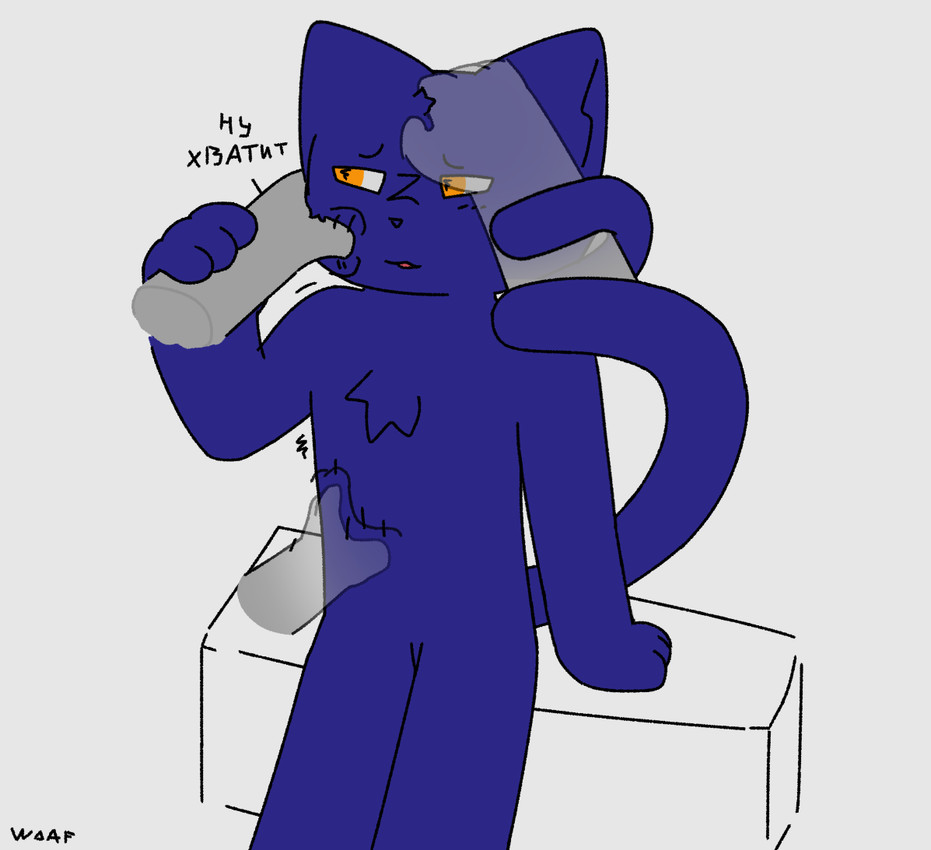 anthro big_tail blue_body blue_fur blush ex: fur group headpat long_tail male nude open_mouth orange_eyes solo standing sylas_(wdaf) tail text trio wdaf felid feline mammal pat_(disambiguation) russian_text