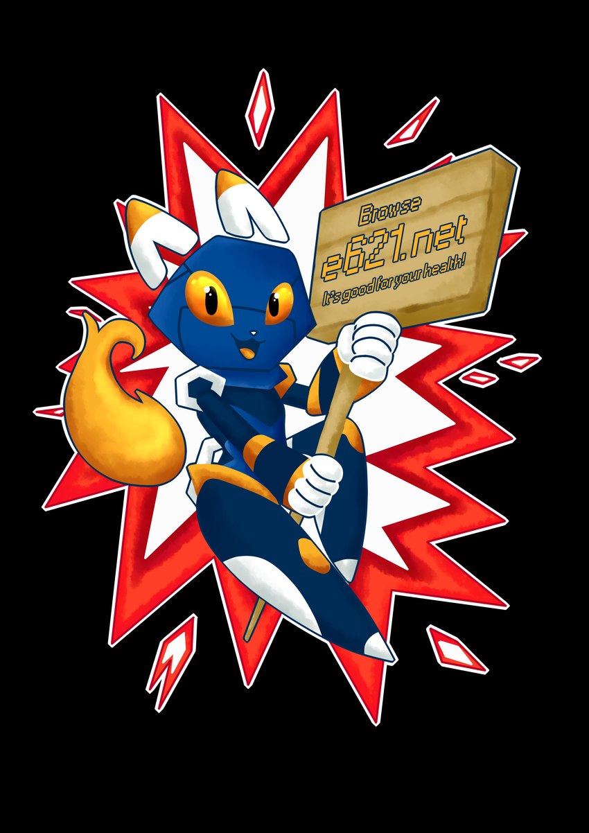 ambiguous_gender anthro blue_body fire flaming_tail machine mascot poster sign simple_background solo tail text yellow_eyes midowko e621 esix android domestic_cat felid feline felis mammal robot robot_anthro absurd_res alpha_channel english_text hi_res