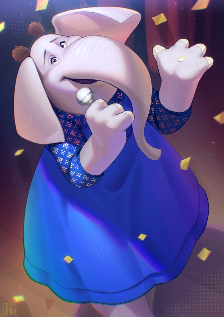 anthro clothing dress electronics female hair microphone singing solo standing aruurara illumination_entertainment sing_(movie) meena_(sing) elephant elephantid mammal proboscidean 2022 hi_res