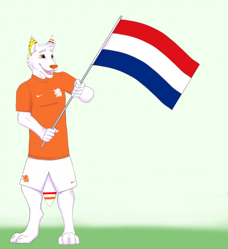 anthro barefoot biped bottomwear clothed clothing dutch_flag feet flag fur gesture grass jersey male netherlands orange_clothing orange_eyes orange_nose orange_topwear plant shirt shorts soccer solo sport standing stripes topwear waving white_body white_bottomwear white_clothing white_fur atrox89 commoncroc nike volskar canid canine canis mammal wolf digital_media_(artwork) full-length_portrait portrait