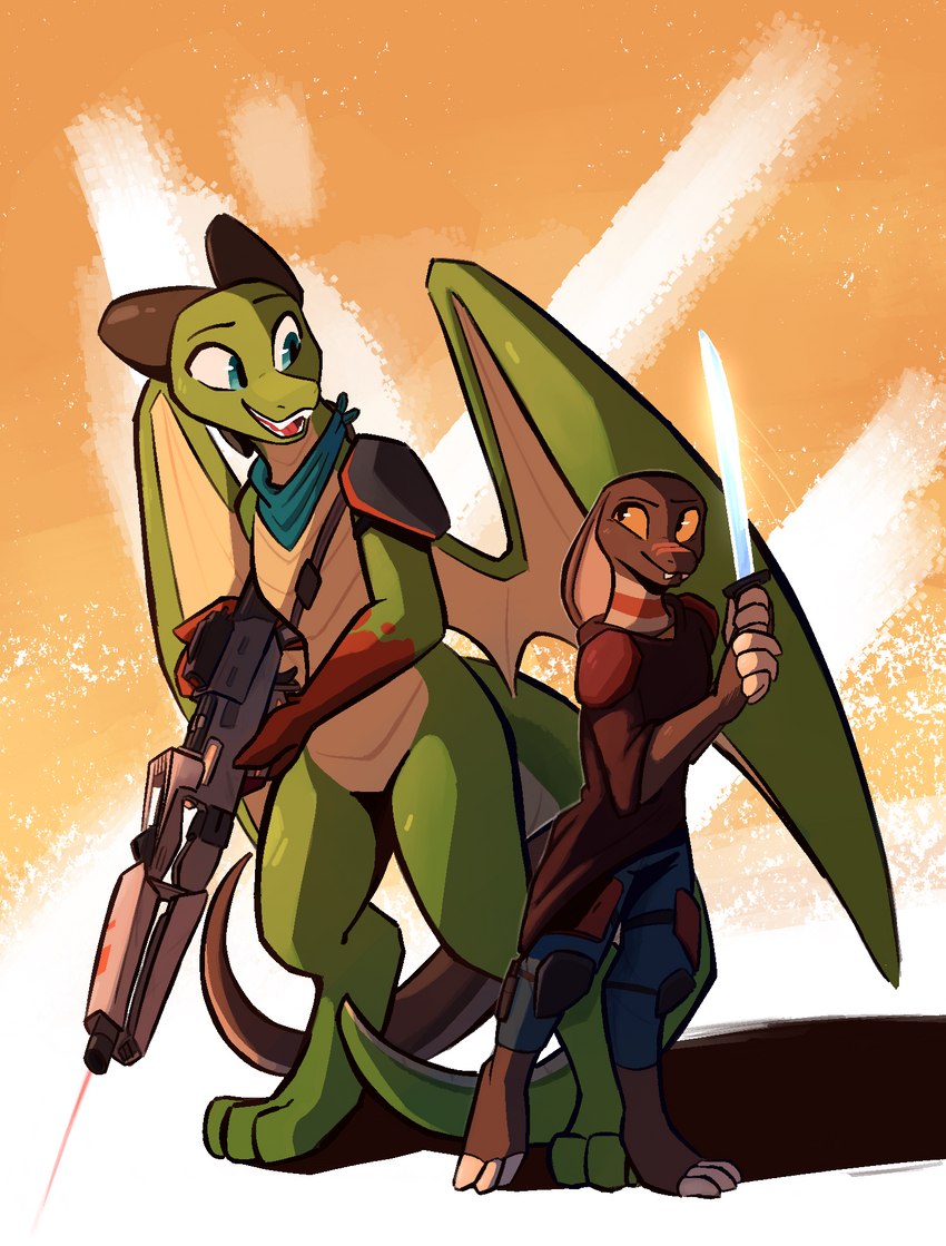 anthro clothed clothing duo featureless_crotch fully_clothed green_body gun holding_gun holding_melee_weapon holding_object holding_ranged_weapon holding_sword holding_weapon horn looking_at_another male melee_weapon membrane_(anatomy) membranous_wings mostly_nude open_mouth open_smile ranged_weapon smile standing sword tail teeth weapon wings enginetrap european_mythology mythology malphas_(enginetrap) miles_(enginetrap) dragon mythological_creature mythological_scalie reptile scalie snake western_dragon 2023 digital_media_(artwork) hi_res