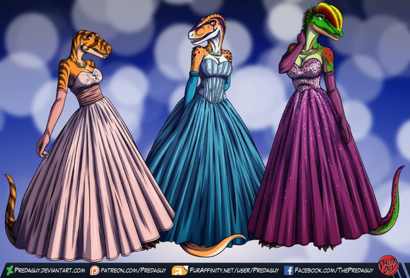 anthro blue_clothing blue_dress breasts claws cleavage clothed clothing dress female group medium_breasts pink_clothing pink_dress prom strapless_clothing strapless_dress stripes text predaguy anthrosaurs amber_(raphael) daphne_(raphael) deanna_(raphael) allosaurid allosaurus daspletosaurus dilophosaurid dilophosaurus dinosaur prehistoric_species reptile scalie theropod tyrannosaurid tyrannosauroid digital_media_(artwork) hi_res url