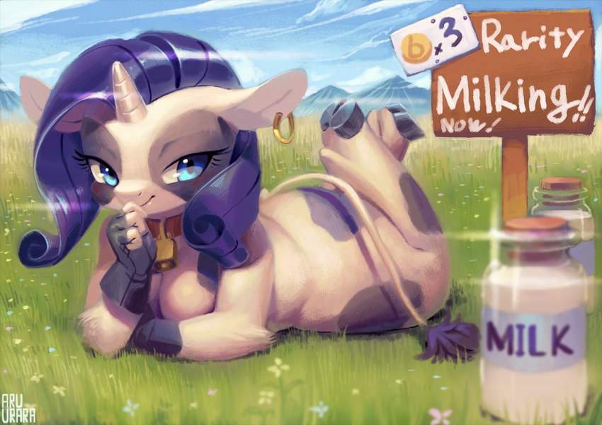 alternate_species anthro anthrofied biped blue_eyes blush clothing cloud cowbell ear_piercing female fingerless_gloves glass gloves grass hair handwear horn looking_at_viewer lying milk on_front outside piercing plant purple_hair sign sky solo text aruurara friendship_is_magic hasbro my_little_pony mythology fan_character raricow_(mlp) rarity_(mlp) bovid bovine cattle equid equine holstein_friesian_cattle hybrid mammal mythological_creature mythological_equine unicorn 2014 english_text hi_res