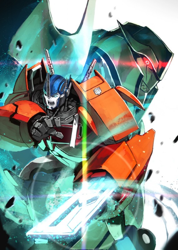 ambiguous_gender autobot blue_eyes decepticon duo fighting_pose machine melee_weapon multicolored_body not_furry open_mouth pose red_eyes sharp_teeth simple_background smile standing sword teeth tongue weapon white_background dai-xt. hasbro takara_tomy transformers transformers_aligned_continuity transformers:_prime megatron optimus_prime cybertronian humanoid living_machine robot 2018 digital_media_(artwork) hi_res