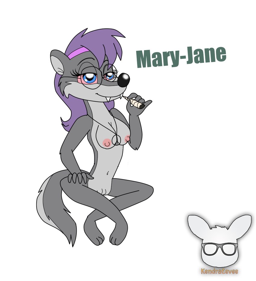 anthro bloodshot_eyes blue_eyes breasts drugs eyewear female fur genitals glasses grey_body grey_fur hair kendraeevee marijuana medium_breasts nude pink_sclera purple_hair pussy smoking smoking_marijuana solo kendratheshinyeevee a_toon_rabbit_in_a_weasels'_den mary-jane_(kendraeevee) mammal mustelid musteline true_musteline weasel hi_res