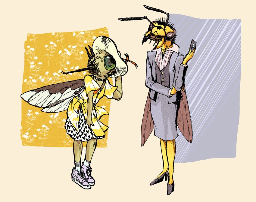 antennae_(anatomy) anthro bottomwear clothing dress_shirt duo female footwear fur high_heels holding_object insect_wings jacket mandibles proboscis_(anatomy) shirt shoes skirt sneakers socks standing topwear vest wings yellow_body yellow_fur bedupolker arthropod bee_fly fly_(animal) hymenopteran insect vespid wasp yellowjacket_(wasp) absurd_res hi_res