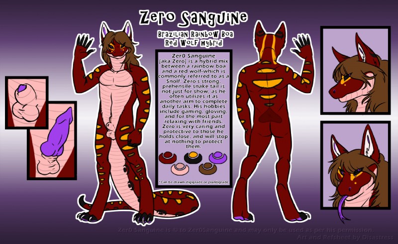 animal_genitalia anthro balls erection fully_sheathed genitals knot male nude penis penis_tip sheath solo text disastress zer0sanguine boa_(snake) boinae canid canine canis hybrid mammal rainbow_boa reptile scalie snake wolf english_text model_sheet