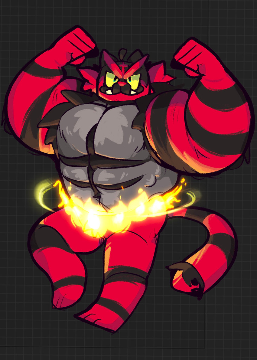 anthro big_eyes black_background fire flexing geometric_background grid_background looking_at_viewer male muscular muscular_anthro muscular_male pattern_background simple_background solo scraffyraccoon nintendo pokemon generation_7_pokemon incineroar pokemon_(species) 2020 hi_res