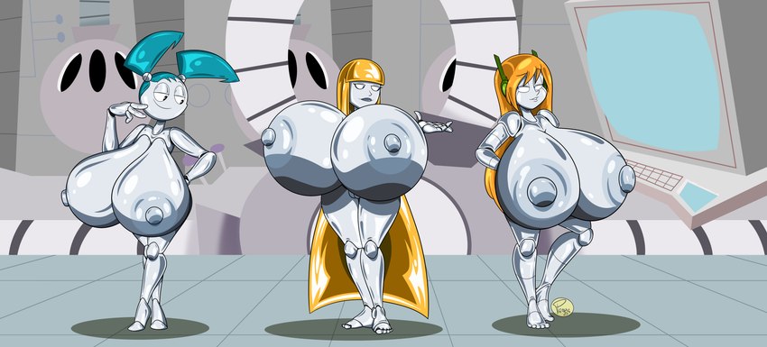 aged_up areola big_breasts blonde_hair blue_eyes blue_hair breasts feet female grey_body grey_skin group hair huge_breasts hyper hyper_breasts laboratory looking_at_another machine metallic_body metallic_hair metallic_skin nipples nude pseudo_hair robot_joints smile trio white_areola white_nipples wide_hips ilpanza cave_story my_life_as_a_teenage_robot nickelodeon curly_brace fan_character jenny_wakeman humanoid robot robot_humanoid absurd_res hi_res