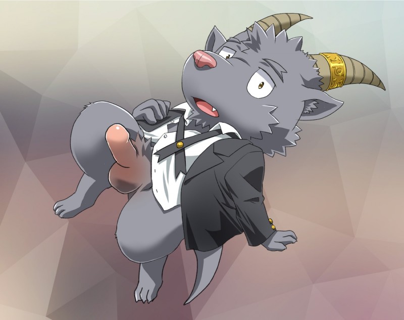 anthro balls black_body black_fur butler chibi clothing digitigrade erection fur genitals horn male penis solo suit alios q14658091 lifewonders tokyo_afterschool_summoners salomonkun bovid caprine goat mammal hi_res