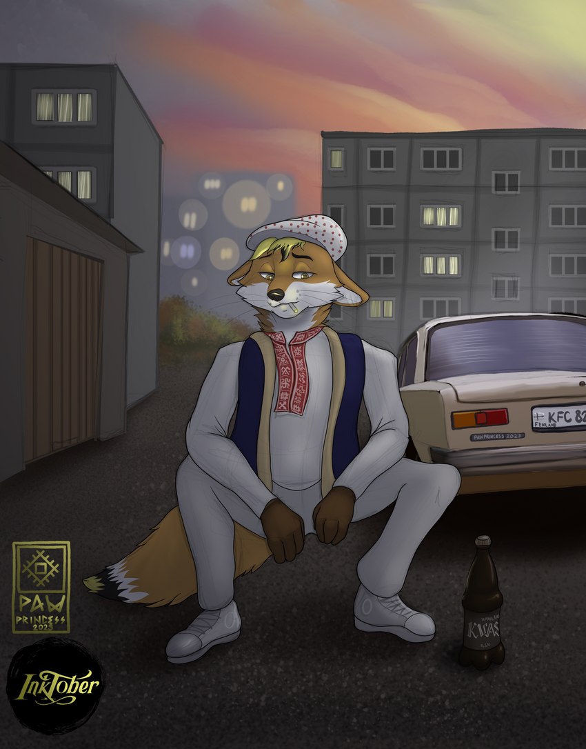 anthro car cigarette clothed clothing detailed_background male slav smoking solo vehicle pawprincess lada canid canine fox mammal absurd_res hi_res