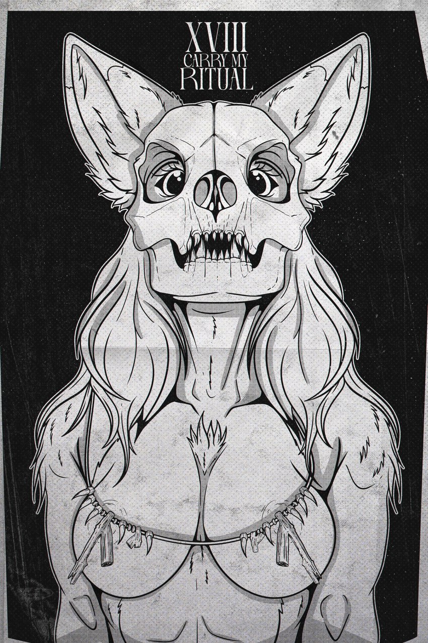 anthro big_eyes bone breasts cult cultist female fluffy hair long_hair mask medium_breasts nipples nipples_covered nude nude_anthro nude_female poster poster_template skull skull_mask solo text 0l-fox-l0 canid canine fox mammal 2:3 absurd_res cover digital_drawing_(artwork) digital_media_(artwork) greyscale hi_res monochrome