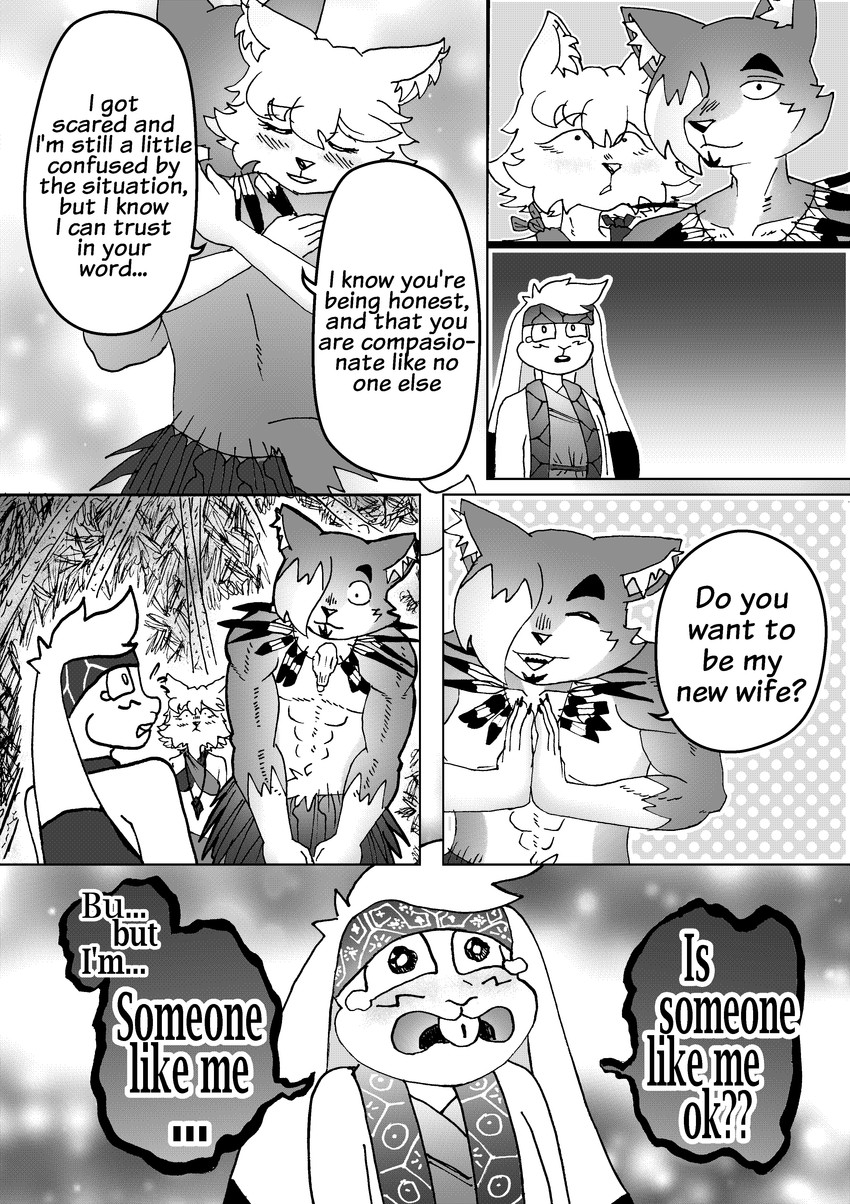 ainu_clothing angry anthro asphyxiation big_ears big_feet blush blush_lines bodily_fluids bone bottomwear bowing choking clothing collar countershade_face countershade_fur countershade_torso countershading crying dialogue feathers feet footwear fur hug kerchief leg_markings male markings muscular muscular_anthro muscular_male pose scared shocked skirt skull socks_(marking) tears tears_of_sadness text underwear efradraws northwind_(efradraws) isepo_(efradraws) kasni_(efradraws) uspul_(efradraws) avian bird canid canine canis corvid lagomorph leporid mammal oscine passerine rabbit wolf absurd_res black_and_white comic digital_media_(artwork) english_text halftone hi_res monochrome