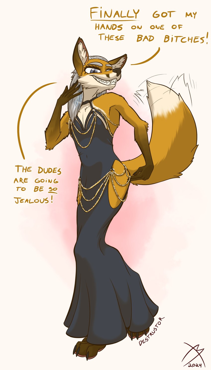 anthro chain clothed clothing crossdressing dialogue dress femboy gold_(metal) gold_chain gold_jewelry grey_hair grin hair jewelry male smile solo tail tail_motion tailwag destrustor hollow_hip_backless_chain_dress meme_clothing shiro_caecilius canid canine fox mammal 4:7 absurd_res digital_media_(artwork) full-length_portrait hi_res meme portrait