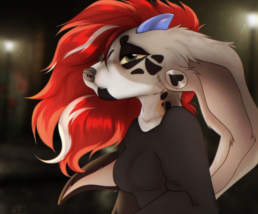 anthro big_ears brown_body brown_fur clothed clothing ear_piercing ears_down female fur gauged_ear hair horn long_ears long_hair muzzle_(object) piercing pivoted_ears red_hair simple_background solo white_body white_fur wire_basket_muzzle shyryp shyryp_(character) canid canine canis domestic_dog hybrid mammal 6:5 absurd_res digital_media_(artwork) hi_res portrait