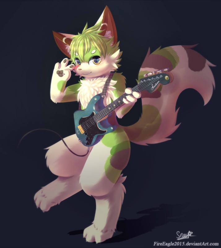 blush claws fursuiter guitar heart_symbol male music musical_instrument paws plucked_string_instrument smile solo standing string_instrument text senz fender_musical_instruments_corporation stratocaster domestic_cat felid feline felis mammal hi_res url