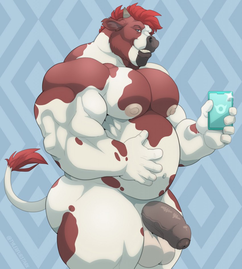 anthro balls big_balls big_muscles big_pecs brown_body brown_fur cellphone electronics foreskin fur genitals horn humanoid_genitalia humanoid_penis male musclegut muscular muscular_anthro muscular_male muscular_thighs obliques overweight overweight_anthro overweight_male pecs penis phone smartphone smile solo teeth thick_penis white_body white_fur tylerstark bovid bovine cattle mammal hi_res