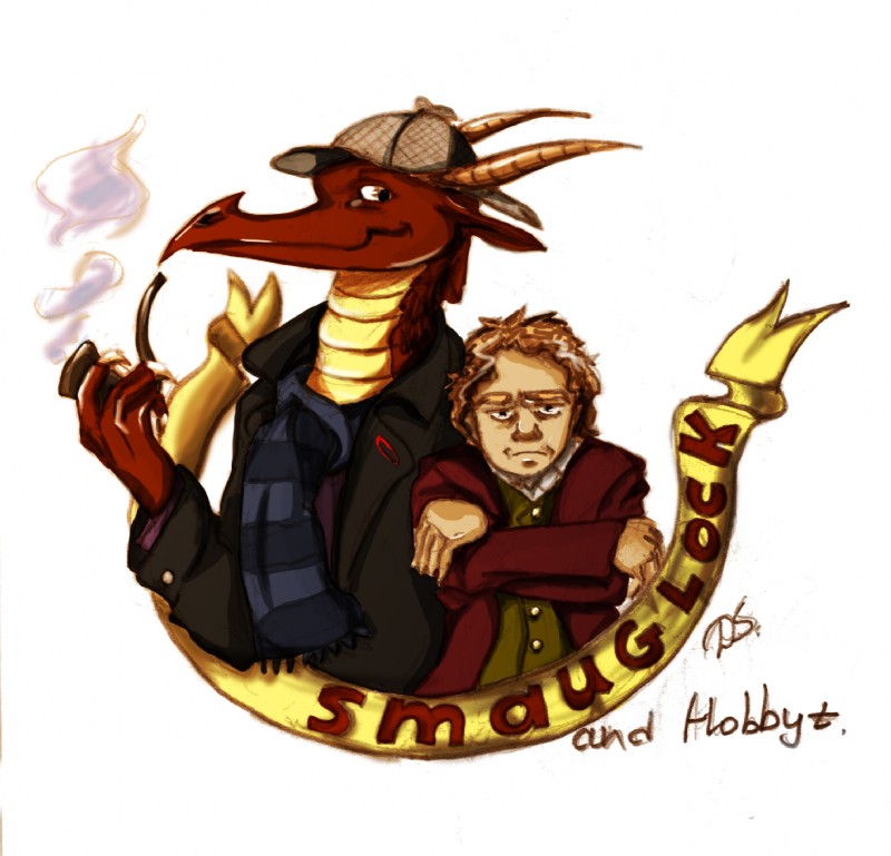 anthro banner book claws clothing coat duo fire hat headgear headwear horn male pipe reading scarf smoke smoking smoking_pipe speech_scroll topwear dragen-sama j._r._r._tolkien middle-earth_(tolkien) mythology sherlock_(series) the_hobbit tumblr bilbo_baggins john_watson johnbo_watson sherlock_holmes smaug smauglock_holmes dragon hobbit humanoid mythological_creature mythological_scalie scalie 2013 hi_res