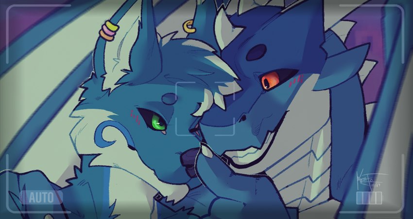 anthro boop camera cheeky_smile cuddling duo fur grin horn hug lips male male/male membrane_(anatomy) membranous_wings romantic romantic_couple scales simple_background smile spikes teeth wings kentott0 mythology reeno vendragon canid canine canis dragon humanoid mammal mythological_creature mythological_scalie reptile scalie wolf