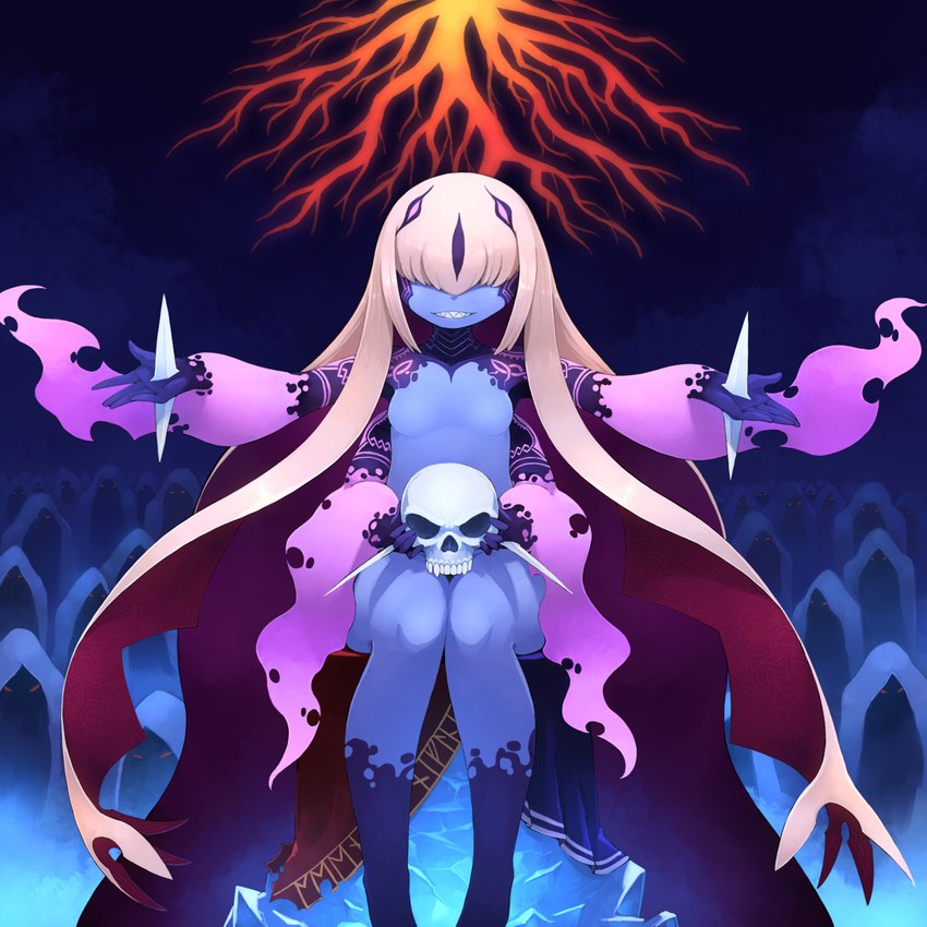 4_arms blonde_hair blonde_pseudo_hair blue_body blue_skin female glowing hair holding_skull multi_arm multi_limb sharp_teeth solo teeth kamukamu6392 nifelheim hel_(deity) demon humanoid undead 1:1 hi_res