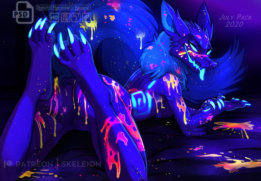 anthro bent_legs black_body black_fur blue_eyes blue_tongue bodypaint breasts butt claws female fingers fluffy fluffy_tail fur glowing glowing_claws glowing_eyes glowing_nails glowing_paint glowing_tongue hair looking_at_viewer lying markings on_front open_mouth patreon_logo solo tail text tongue tongue_out skeleion patreon canid canine fox ghost mammal monster spirit 2020 digital_media_(artwork) english_text watermark