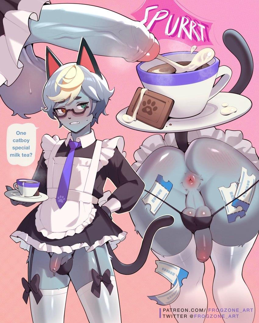 anthro anus ball_slip ball_tuft balls balls_in_underwear beverage blush bodily_fluids butt clothed clothing cum cum_in_beverage cum_in_coffee cum_in_food dialogue femboy food fur genital_fluids genitals grey_body grey_fur maid_uniform male necktie panties penis solo tail tea text tuft underwear uniform frogzone animal_crossing nintendo raymond_(animal_crossing) domestic_cat felid feline felis mammal 2023 english_text hi_res url