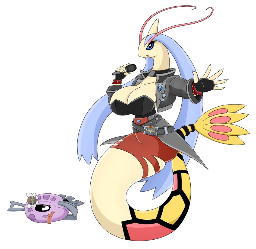 anthro armwear big_breasts black_eyes blue_eyes blue_hair bottomwear breasts clothing duo electronics female fingerless_gloves gloves hair handwear jacket microphone neckwear pokeball purple_body ribbons shirt simple_background skirt tail topwear white_background white_body urusee584 nintendo pokemon feebas generation_3_pokemon milotic pokemon_(species) shiny_pokemon absurd_res hi_res