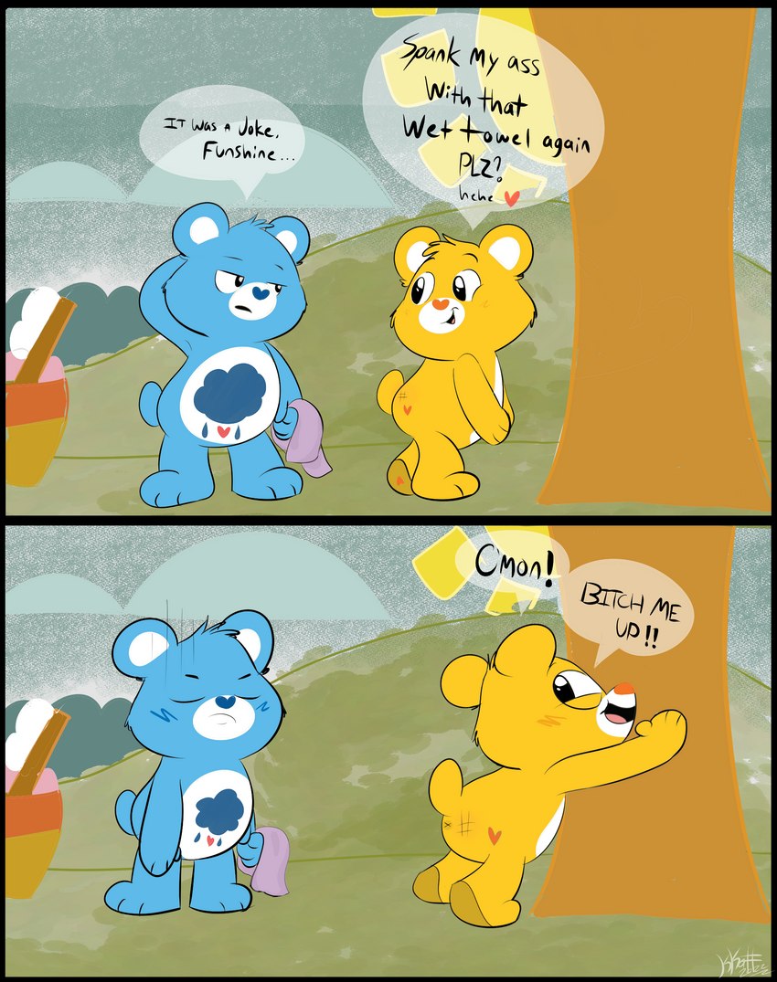 anthro anus blush butt duo male male/male text kippykat care_bears funshine_bear grumpy_bear bear mammal absurd_res comic english_text hi_res