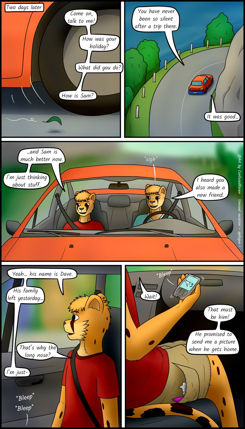 adolescent anthro car cellphone dialogue electronics female inside_car inside_vehicle male phone text travel vehicle young confusedraven jay_(confusedraven) cheetah felid feline mammal 4:7 absurd_res comic english_text hi_res mother_(lore) mother_and_child_(lore) mother_and_son_(lore) parent_(lore) parent_and_child_(lore) parent_and_son_(lore) son_(lore)