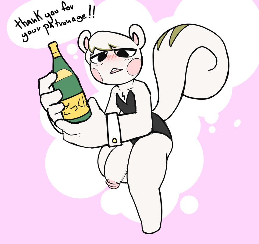 alcohol beverage blush blush_lines bottomless clothed clothing genitals liquor liquor_bottle looking_at_viewer male partially_clothed penis solo text neko3240 animal_crossing nintendo marshal_(animal_crossing) mammal rodent sciurid tree_squirrel english_text hi_res japanese_text