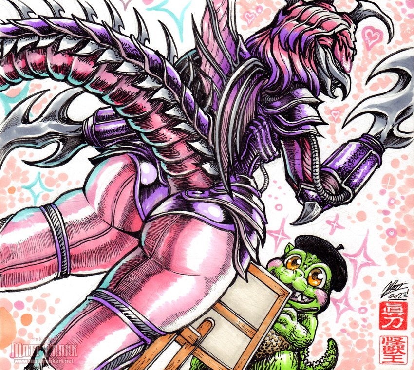 anthro armor beak beret big_butt blade blade_arm blush butt clothing cybernetics drawing green_body green_scales hat headgear headwear heart_symbol long_tail machine pink_background pink_body purple_body rear_view scales sharp_teeth simple_background smile sparkles tail teeth thick_thighs vambrace weapon_arm weapon_prosthetic wide_hips yellow_eyes kaijusamurai godziban godzilla_(series) toho gigan lady_gigana minilla alien cyborg humanoid kaiju reptile scalie hi_res