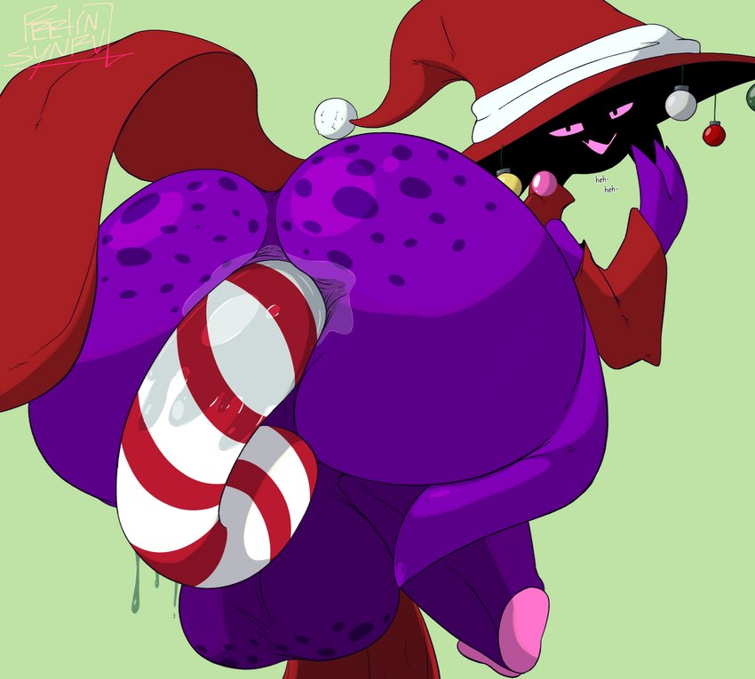 anthro anus backsack balls big_balls big_butt bodily_fluids butt butt_focus candy candy_cane christmas_clothing clothed clothing dessert food food_fetish food_play freckles genital_fluids genitals hat headgear headwear hidden_face holidays humanoid_penetrated large_penetration looking_at_viewer male male_penetrated object_in_ass open_mouth penetration penis shadow_face simple_background smile solo teapot_(body_type) text witch_hat conditional_dnp feelin_synful christmas devoid_(kingofacesx) ghost humanoid imp spirit digital_media_(artwork) english_text hi_res unavailable_at_source