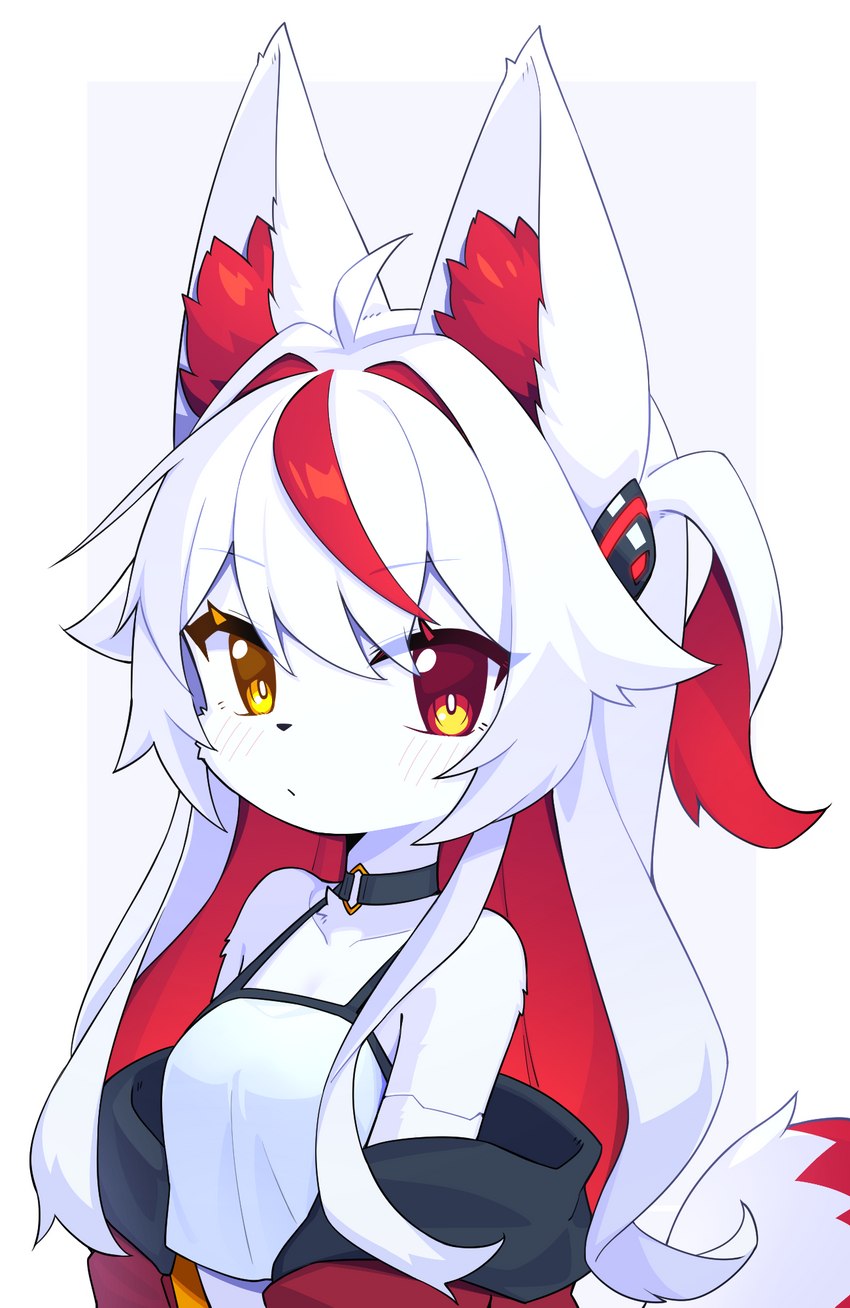 ahoge anthro blush blush_lines breasts choker clothed clothing female female_anthro fur hair heterochromia inner_ear_fluff jewelry kemono long_hair looking_at_viewer multicolored_hair necklace red_body red_fur red_hair small_breasts solo tail tuft white_body white_fur white_hair devil-vox knia_(devil-vox) canid canine fox mammal 2023 bust_portrait digital_media_(artwork) hi_res portrait