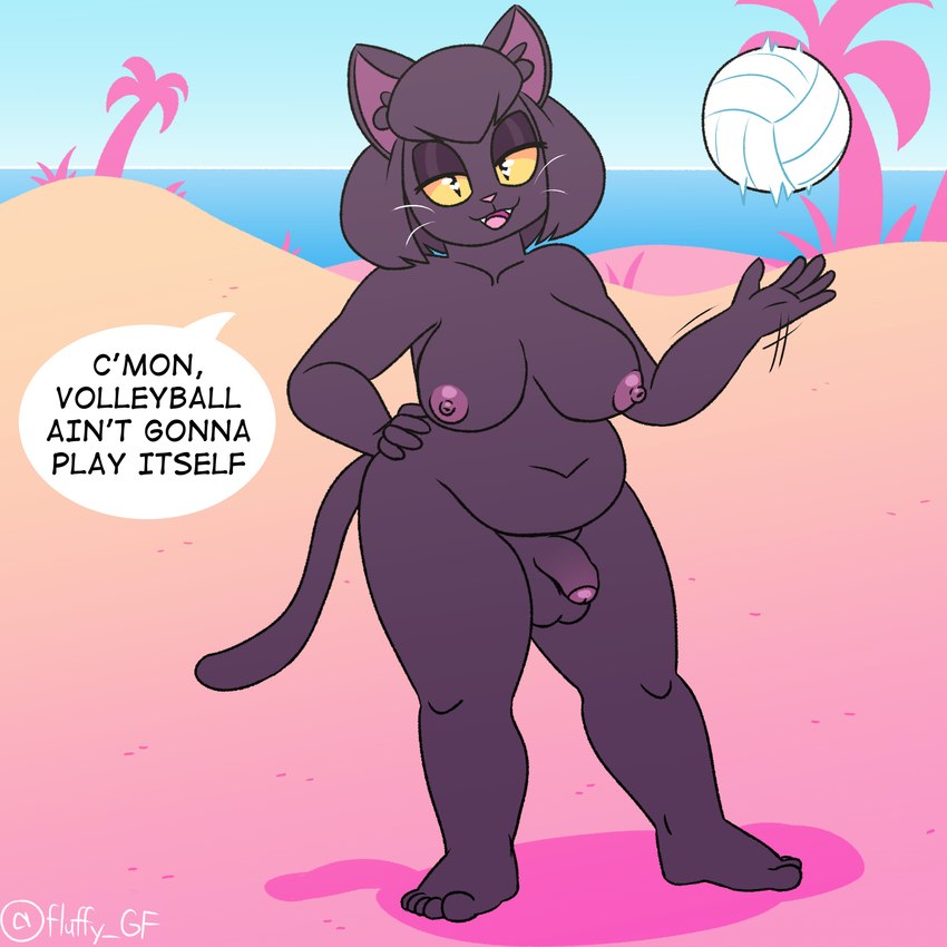 anthro areola balls beach belly belly_overhang black_body black_fur breasts casual_nudity flaccid foreskin fur genitals gynomorph hand_on_hip intersex looking_at_viewer navel nipples nude outdoor_nudity palm_tree penis plant shadow slightly_chubby solo speech_bubble sport tail talking_to_viewer text thick_thighs tree volleyball whiskers yellow_eyes fluffygirlfriend lilith_(fluffygirlfriend) domestic_cat felid feline felis mammal 1:1 english_text hi_res trans_(lore) trans_woman_(lore)