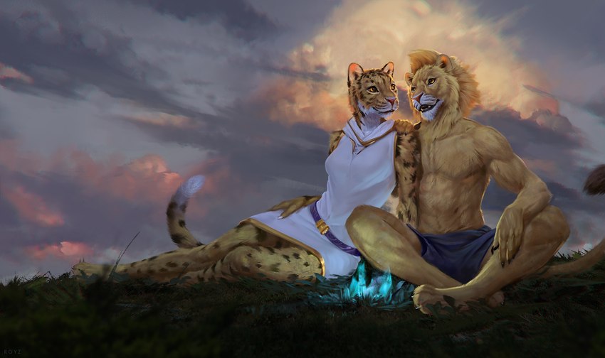 anthro athletic campfire clothed clothing cloud cuddling dress duo fantasy female fire grass looking_at_another looking_at_partner looking_away magic male male/female muscular plant sitting sky sleeveless_dress smile spell sunset talking_to_another talking_to_partner topless conditional_dnp latex_(artist) felid jaguar lion mammal pantherine 2022 hi_res