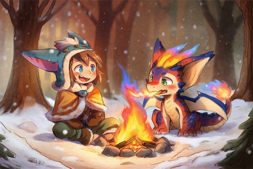 breath campfire chibi duo feral fire forest membrane_(anatomy) membranous_wings plant quadruped slim snow snowing tail tree wings young young_feral young_human shez_ovo league_of_legends mythology riot_games tencent nunu_(lol) smolder_(lol) dragon human mammal mythological_creature mythological_scalie scalie hi_res