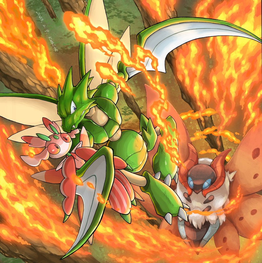 action_pose ambiguous_gender antennae_(anatomy) anthro blade_arm blue_eyes escape feral fire flying fur green_body grey_body group midair pink_body plant pose red_eyes stubby_arms tan_body tree trio white_body white_fur wings katkichi nintendo pokemon fomantis generation_1_pokemon generation_5_pokemon generation_7_pokemon pokemon_(species) scyther volcarona 2023 absurd_res dated digital_drawing_(artwork) digital_media_(artwork) hi_res signature