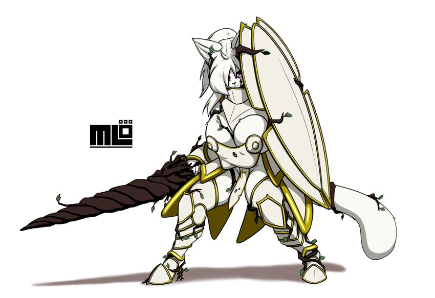 armor big_breasts breasts clothed clothing female footwear fur hair high_heels lance legwear melee_weapon nipple_piercing nipples no_underwear piercing polearm shield shoes solo weapon white_body white_fur white_hair mi_lan milan_(mi_lan) felid feline mammal absurd_res hi_res