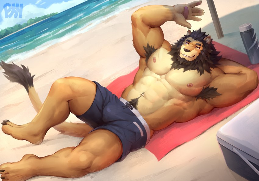 abs anthro armpit_hair beach body_hair bottomwear clothing detailed_background fur hair male muscular muscular_anthro muscular_male nipple_piercing nipples outside pecs piercing seaside sky solo summer swimwear physen ryan~biglion felid lion mammal pantherine 2021 absurd_res digital_media_(artwork) hi_res signature