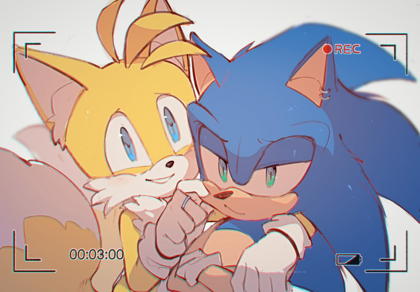 anthro blue_eyes clothing crossed_arms duo ear_piercing ear_ring fur gloves green_eyes half-closed_eyes handwear male narrowed_eyes piercing recording ring ring_piercing smile c52278 sega sonic_the_hedgehog_(series) miles_prower sonic_the_hedgehog canid canine eulipotyphlan fox hedgehog mammal 2021 hi_res