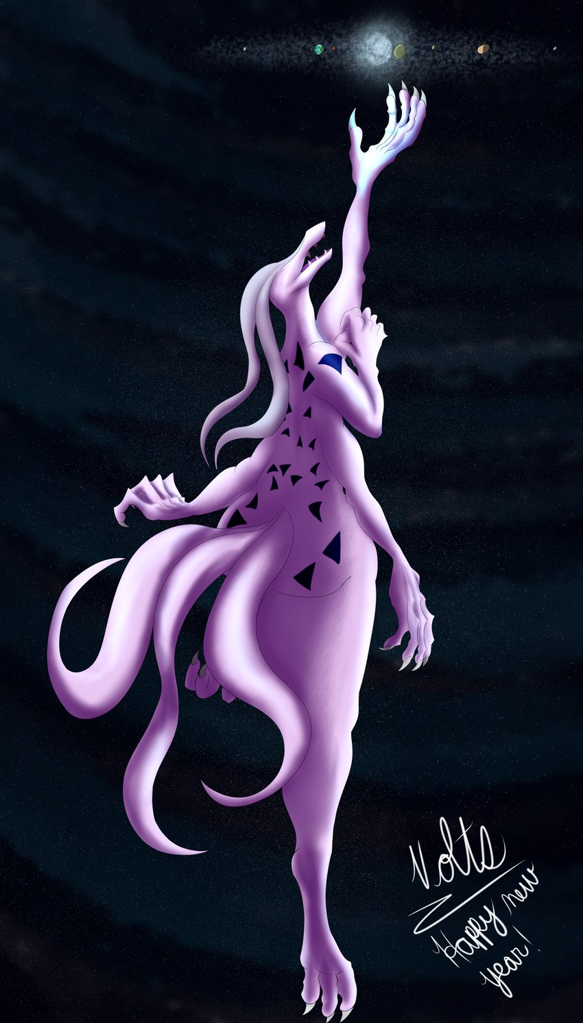 4_arms anthro blue_sun cosmic_background eyeless female galaxy macro markings multi_arm multi_limb multi_tail nude open_mouth pink_body reaching_for_object smile solo space tail terra_macro 109volts new_year_2024 deity monster absurd_res hi_res